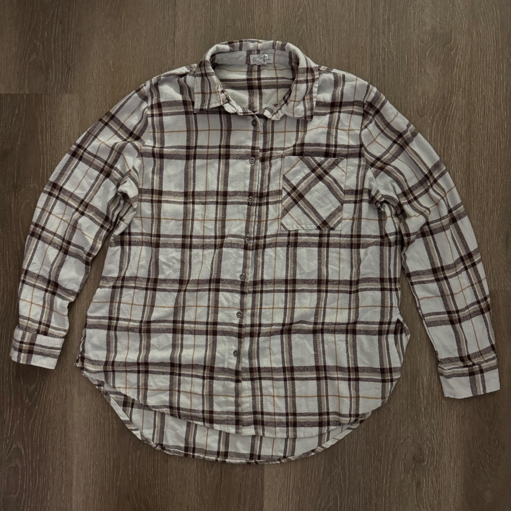 Birch and Stone Button Down Shirt Womens Medium White Brown Plaid 6471-CR